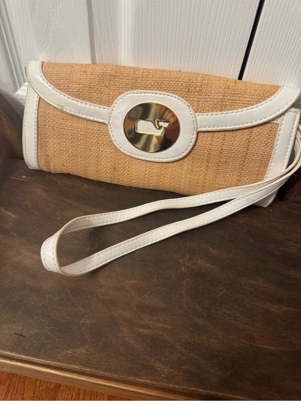 Vineyard Vines Straw clutch with White Trim and Gold Accent
